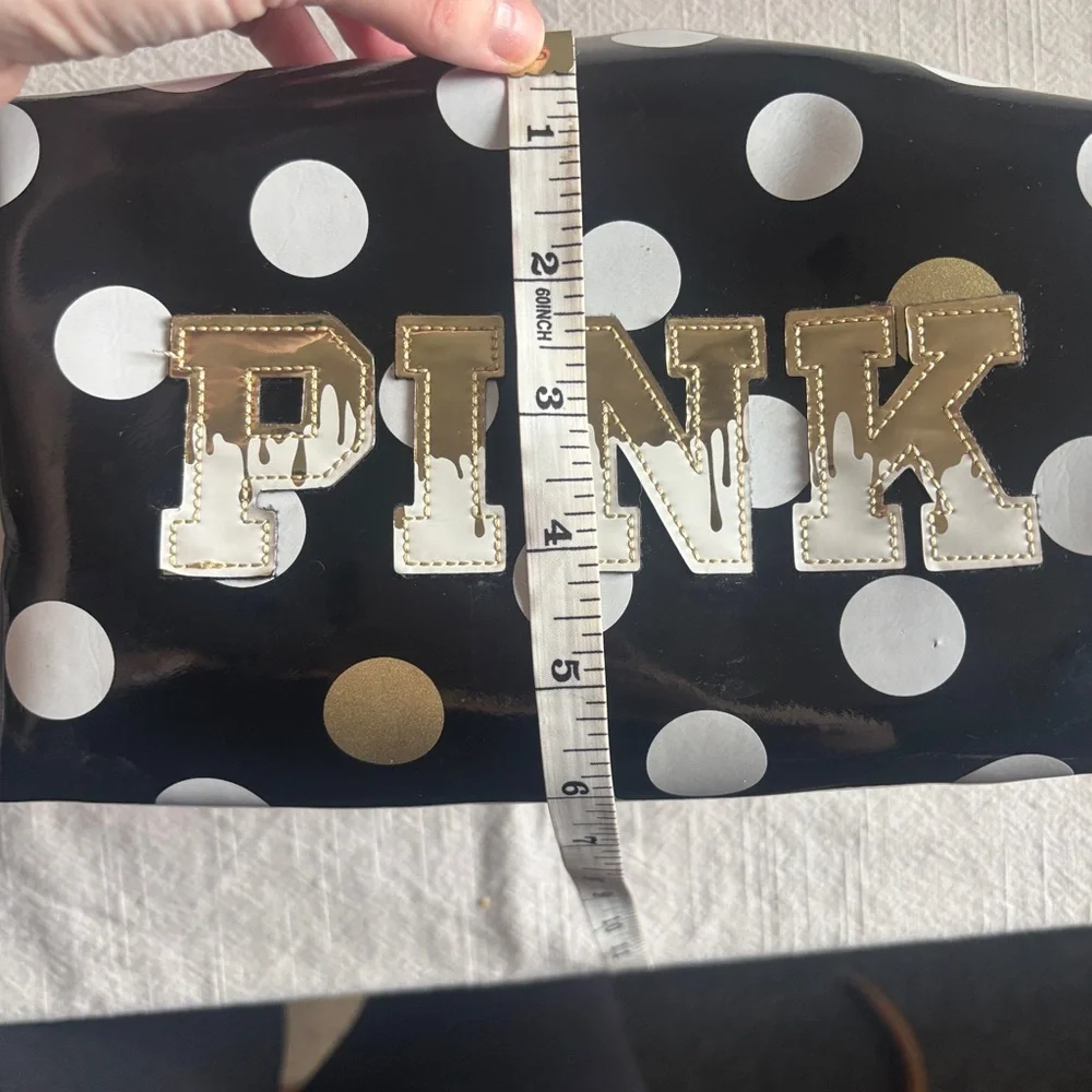 PINK Victoria's Secret Black Polka Dot Cosmetic Pouch with Gold Trim makeup
